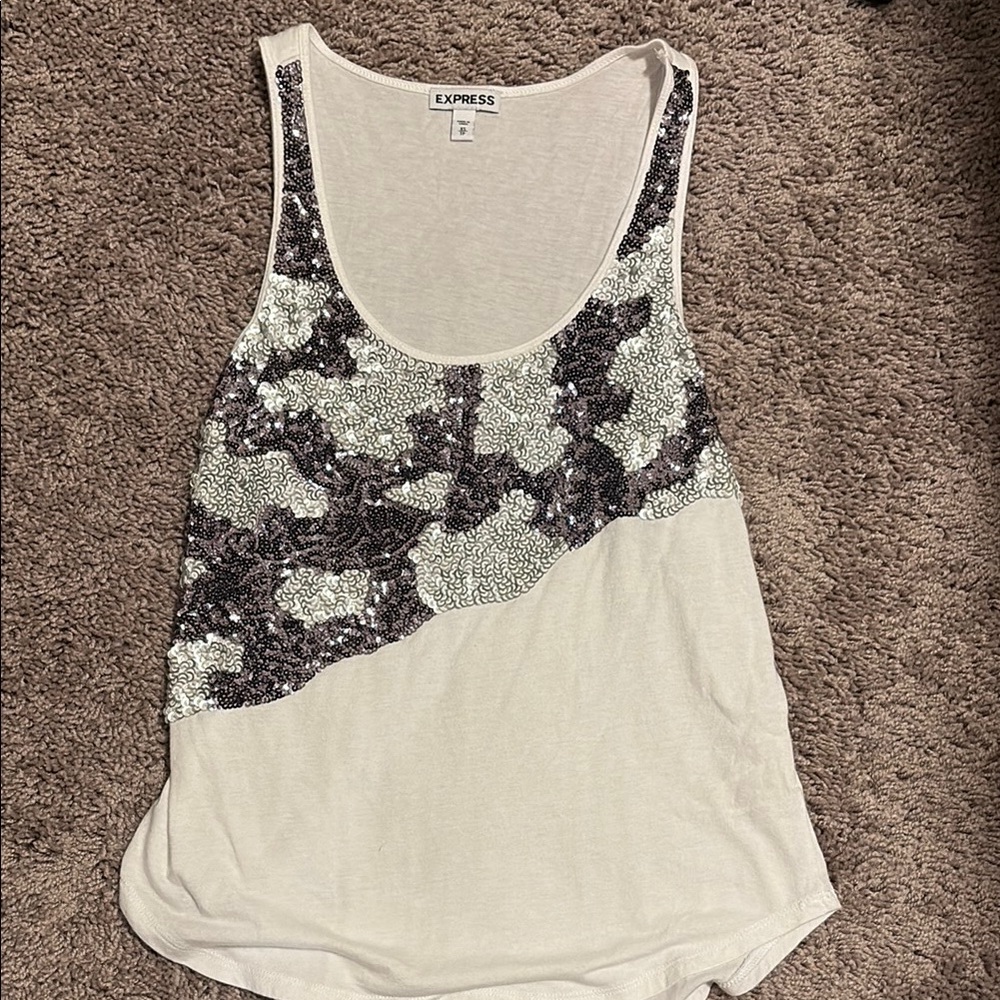 Express Sequin Asymmetrical Tank Top White and Cream